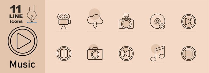 Music set icon. Play, video camera, download, camera, CD with play button, next, pause, photo, rewind, note, stop. Suitable for media, entertainment, and sound systems