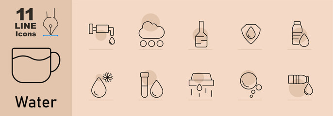 Water set icon. Tap with water, cloud with rain, bottle, water protection, bottled, cold drop, test tube, dripping, splash, drink, bottle