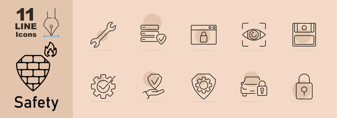 Safety set icon. Firewall, wrench, server shield, lock, eye, security scan, checkmark, shield, car lock, padlock, settings