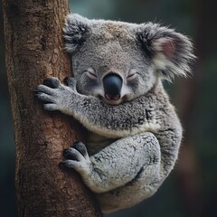 Obraz premium Sleepy Koala Hugging a Tree Branch Resting Peacefully in its Natural Habitat