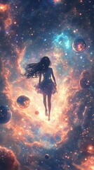 Naklejka premium A dreamy anime girl floating gracefully in a cosmic galaxy, surrounded by vibrant planets and glowing stars, her hair flowing weightlessly in the zero-gravity environment,
