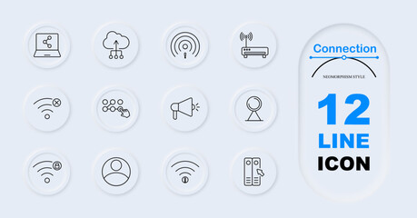 Connection set icon. Laptop network, cloud upload, weak Wi-Fi, router, signal error, connection grid, speaker, radar dish, Wi-Fi lock. Wireless networks, internet issues, data transmission.