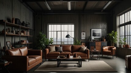 A modern industrial living room with leather furniture, a large window, and a wooden coffee table.