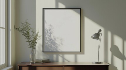A Bauhaus style bedroom. A vertical frame on the sideboard. Frame is a white blank backround Close-up shot of the frame
