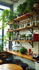 Kitchen counter with rustic wooden shelves, jars, plants, and black stools.