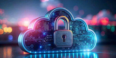 Cloud Network Security Symbols Digital Lock Copy Space Plain Background Image for Photo Stock Concept - Symbolizing Cloud Networking Security with Ample Space for Text Branding