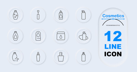 Cosmetics set icon. Shampoo bottle, nail polish, spray bottle, liquid container, jar with cream, foam dispenser. Skincare products, beauty items, hygiene containers.