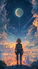 Fototapeta premium A futuristic anime girl in advanced space armor, hovering over an alien planet with bioluminescent landscapes and alien cities, the sky full of stars, distant moons, and nebulae,