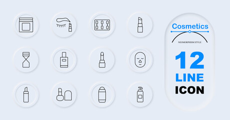 Cosmetics set icon. Cream jar, mascara, lipstick case, makeup brush, perfume bottle, facial mask, deodorant stick, lotion pump. Beauty essentials, skincare tools, makeup accessories.