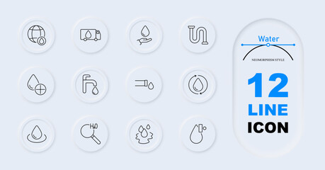 Water set icon. Globe with drop, truck, pipe, drop with plus, faucet, hose, recycling, magnifying glass H2O, fire hydrant, attachment. Water supply, plumbing, conservation, environment, infrastructure