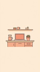 Minimalist illustration of a home office workspace with a laptop, coffee maker, plants, and a shelf.