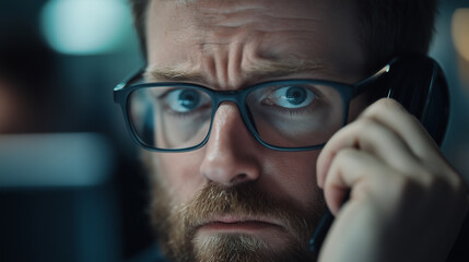 Man in Crowded Office Struggling with Phone in High Stress Environment