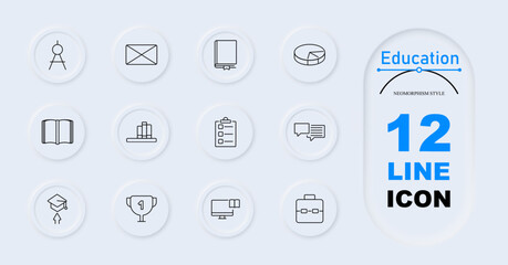 Education icon. Easel, envelope, bookmark, pie chart, open book, bookshelf, checklist, speech bubbles, graduation cap, trophy, computer, briefcase. Educational tools, learning resources, achievement