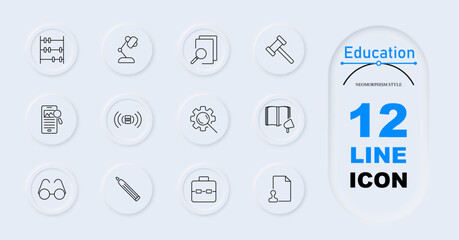 Education set icon. Abacus, microscope, gavel, mobile search, settings gear, speech bubble, glasses, checklist, book, briefcase. School equipment, research, study tools.