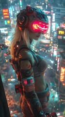 A futuristic anime girl with a glowing visor and tech gadgets, standing on a high-rise balcony, looking out at a sprawling cyberpunk city with neon signs and flying vehicles,