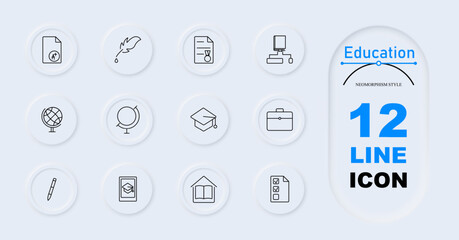 Education set icon. Report card, feather pen, diploma, organizational chart, globe, graduation cap, briefcase, open book, checklist. Academic symbols, graduation, global education.