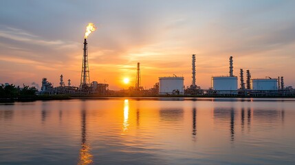 Naklejka premium Industrial sunset over water a stunning view of oil refineries and smokestacks reflecting on calm waters at dusk