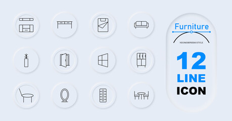 Furniture set icon. Shelf, desk, dresser, couch, vase, double door, window, wardrobe, chair, table. Home interior, furniture essentials, household items.