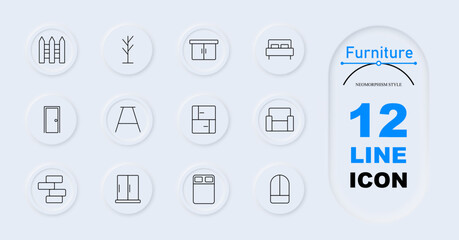 Furniture set icon. Picket fence, coat rack, side table, bed, door, workbench, wardrobe, sofa, sliding door. Home furniture, interior design elements.