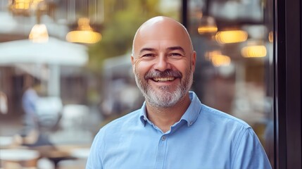 Bald mature man smiling confidently in an outdoor setting