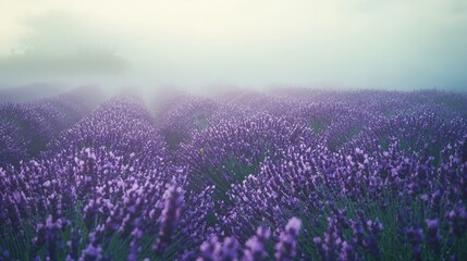 Naklejka premium Dreamy Foggy Morning in Lavender Field