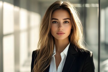 Confident businesswoman posing in a professional environment wearing a suit