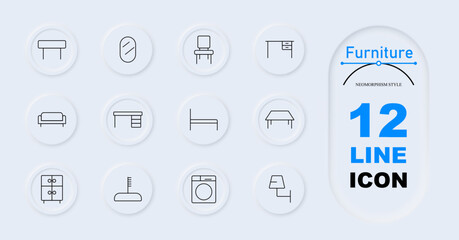 Furniture set icon. Desk, mirror, chair, drawer desk, couch, single bed, table, cabinet, lamp, washer, desk lamp. Home furniture essentials, interior decoration