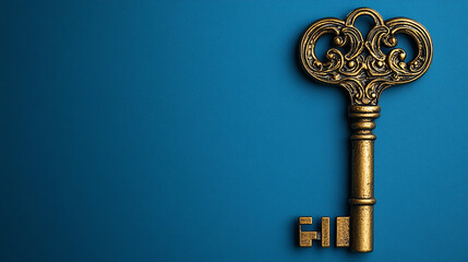 Ornate Gold Key Against Blue Surface