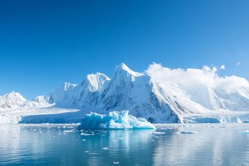 Fototapeta premium Majestic icy mountains reflect in tranquil waters under a clear blue sky during daylight in a remote polar region