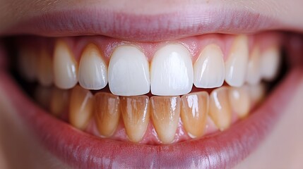 Teeth whitening video comparison, starting with dull, stained teeth and showing the gradual whitening effect, ending with a glowing, white smile