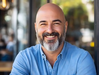 Fototapeta premium Mature bald man with a big smile standing by the window in a relaxed atmosphere
