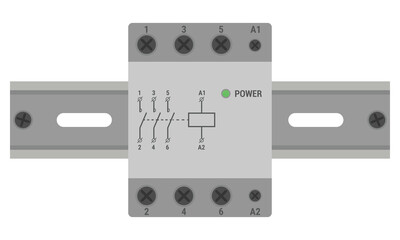 Modular three pole contactor mounted on a DIN rail. Vector illustration isolated on white background