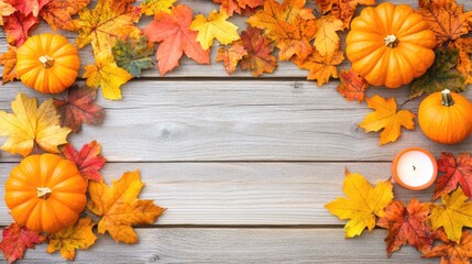 A wooden floor decorated with autumn leaves, mini pumpkins, and warm-toned candles, setting a perfect fall scene.