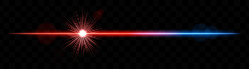 Bright red and pink horizontal light flare with lens effect. Shining burst, luminous beam, optical flash, glowing streak, radiant glow, transparency.