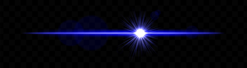Bright Blue horizontal light flare with lens effect. Shining burst, luminous beam, optical flash, glowing streak, radiant glow, transparency.