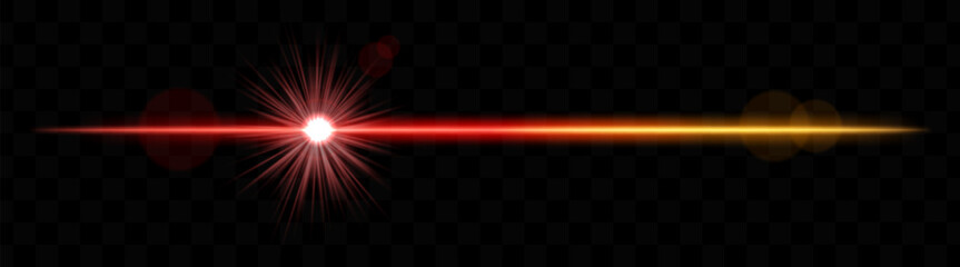 Obraz premium Bright red and yellow horizontal light flare with lens effect. Shining burst, luminous beam, optical flash, glowing streak, radiant glow, transparency.