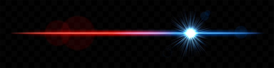 Bright red and pink horizontal light flare with lens effect. Shining burst, luminous beam, optical flash, glowing streak, radiant glow, transparency.