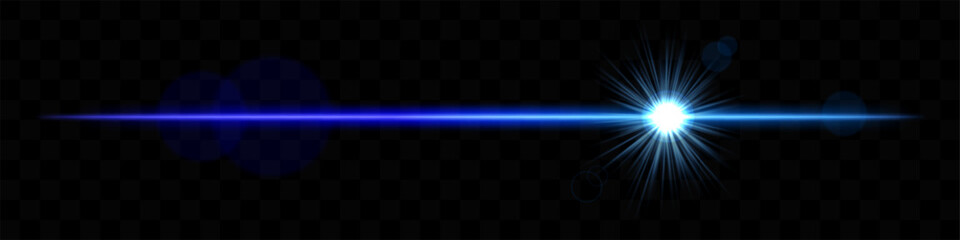 Obraz premium Bright Blue horizontal light flare with lens effect. Shining burst, luminous beam, optical flash, glowing streak, radiant glow, transparency.