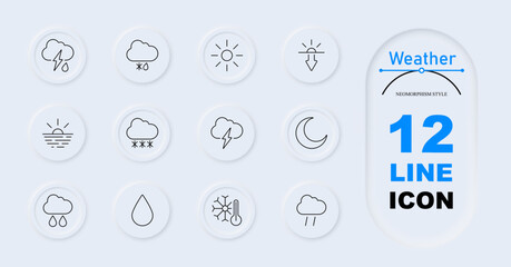 Fototapeta premium Weather set icon. Sun with cloud, sun and thermometer, gear sun, moon with clouds, lightning, heavy rain, three raindrops, snowflake, sunrise, snow with clouds, thunderstorm. Weather forecast