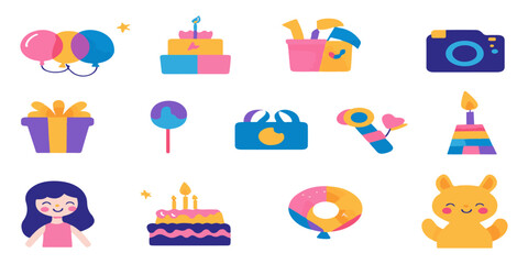 Obraz premium set icons of kids' birthday party, flat design illustration, colorful, simple and clean, white background