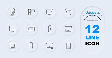 Gadgets set icon. Webcam, microphone, speaker, floppy disk, file folder, chat bubbles, mobile sync, router, printer, radio. Communication devices, tech accessories, electronics