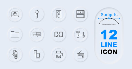 Gadgets set icon. Webcam, microphone, speaker, floppy disk, file folder, chat bubbles, mobile sync, router, printer, radio. Communication devices, tech accessories, electronics