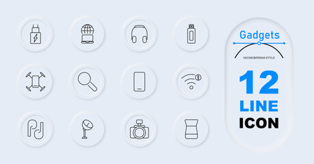 Gadgets set icon. Charger, global laptop, headphones, USB drive, drone, magnifying glass, smartphone, wifi signal with alert, chain link, satellite, camera, thermos. Tech devices