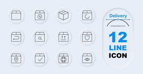 Delivery set icon. Package, clock, wrapped parcel, return, arrow, up arrow, secure, location, checked package, globe, eye. Logistics, shipping services