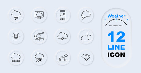 Weather set icon. Snow cloud, cloud on monitor, weather app on phone, thundercloud, sun, windy cloud, thunderstorm, cloud with stars, rainfall, rainbow, lightning with rain. Weather forecast