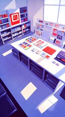 Fototapeta premium White table with color swatches and a red binder in an office setting with shelves, a window, and sunlight.