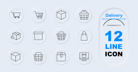Delivery set icon. Shopping cart, product box, shipping box, delivery basket, return package, storage box, shopping bag, cart, delivery container, checkout package, product on screen. Ecommerce