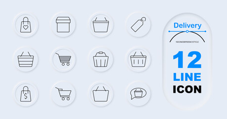 Delivery set icon. Heart shopping bag, box, empty basket, price tag, shopping cart, product bag, secure delivery, basket with handles, heart box, checkout cart, price bag. E-commerce, retail delivery