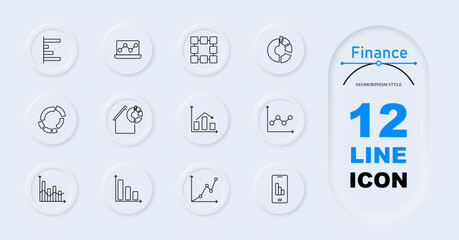 Finance set icon. Bar chart, connected points on laptop, block network, pie chart, circular chart, house with pie chart, growth graph, line graph, fluctuating graph, stock analysis, smartphone graph