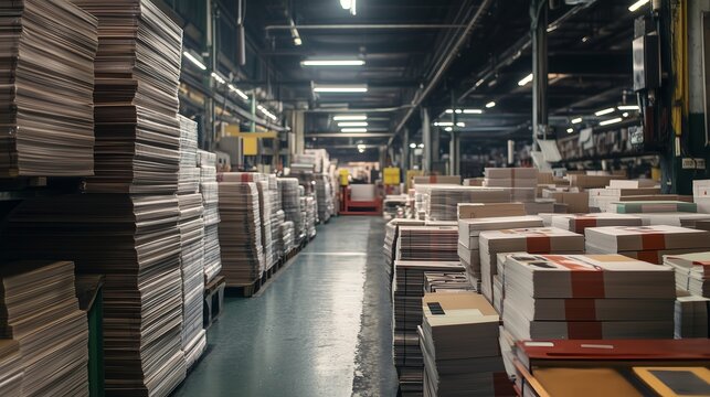 Stacks of Printed Paper Sheets in Industrial Printing Warehouse